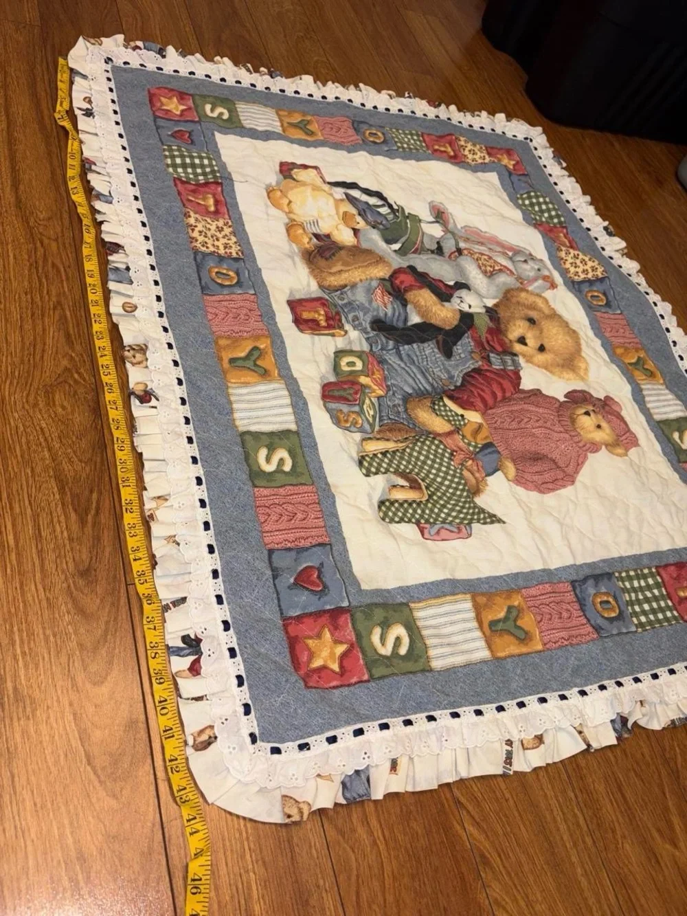 Vintage 90s blue jean teddy bear quilt 44x35